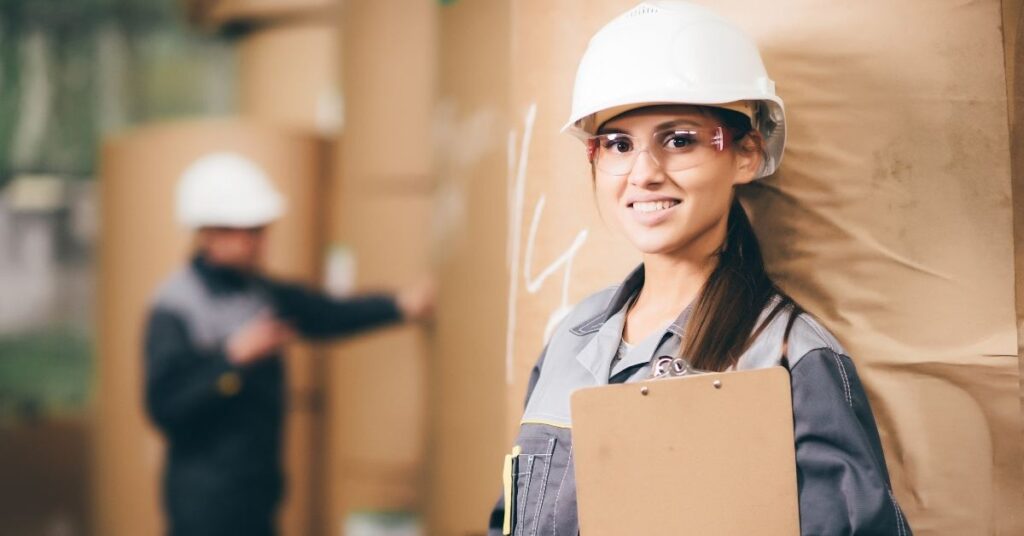 female worker white helmet