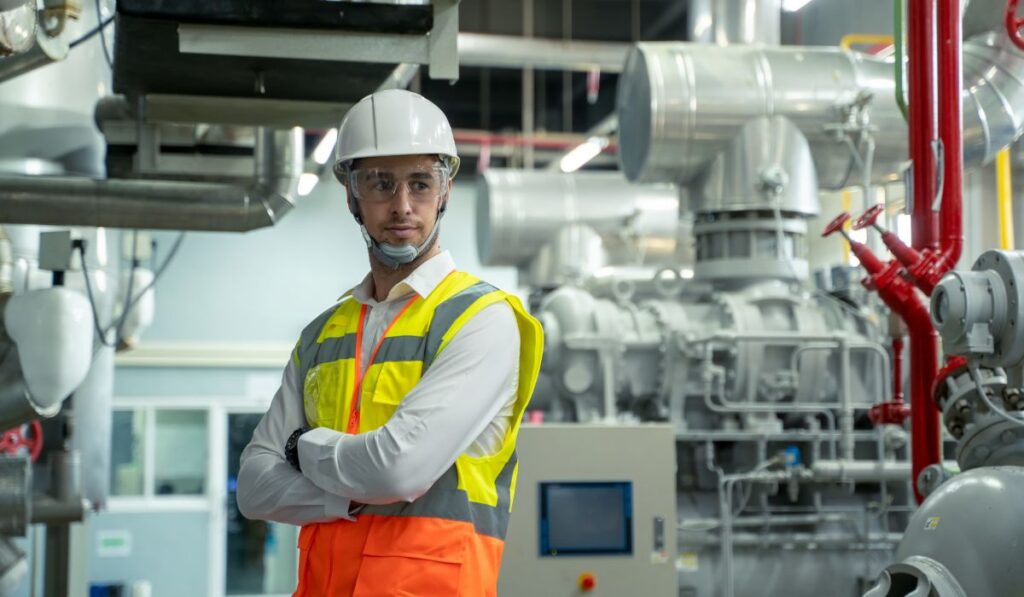 factory worker white helmet and jacket