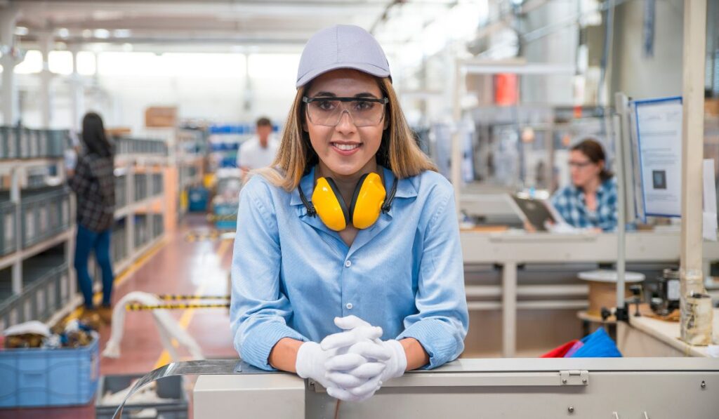 female worker wearing helmet