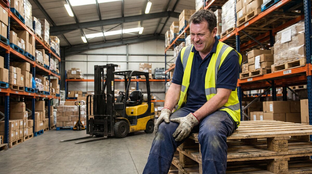Injured Australian warehouse worker sitting on pallets during work injury damages mediation process in NSW