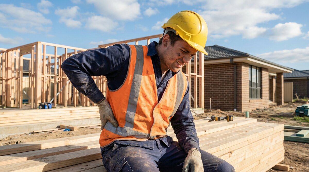 Construction worker holding lower back in pain at building site after work injury requiring pre-filing statement for damages in NSW