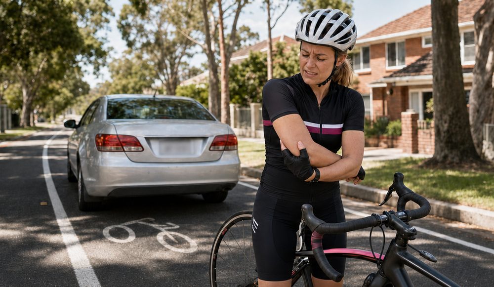 Cyclist holding her arm beside her bike after being hit by a car on a NSW street