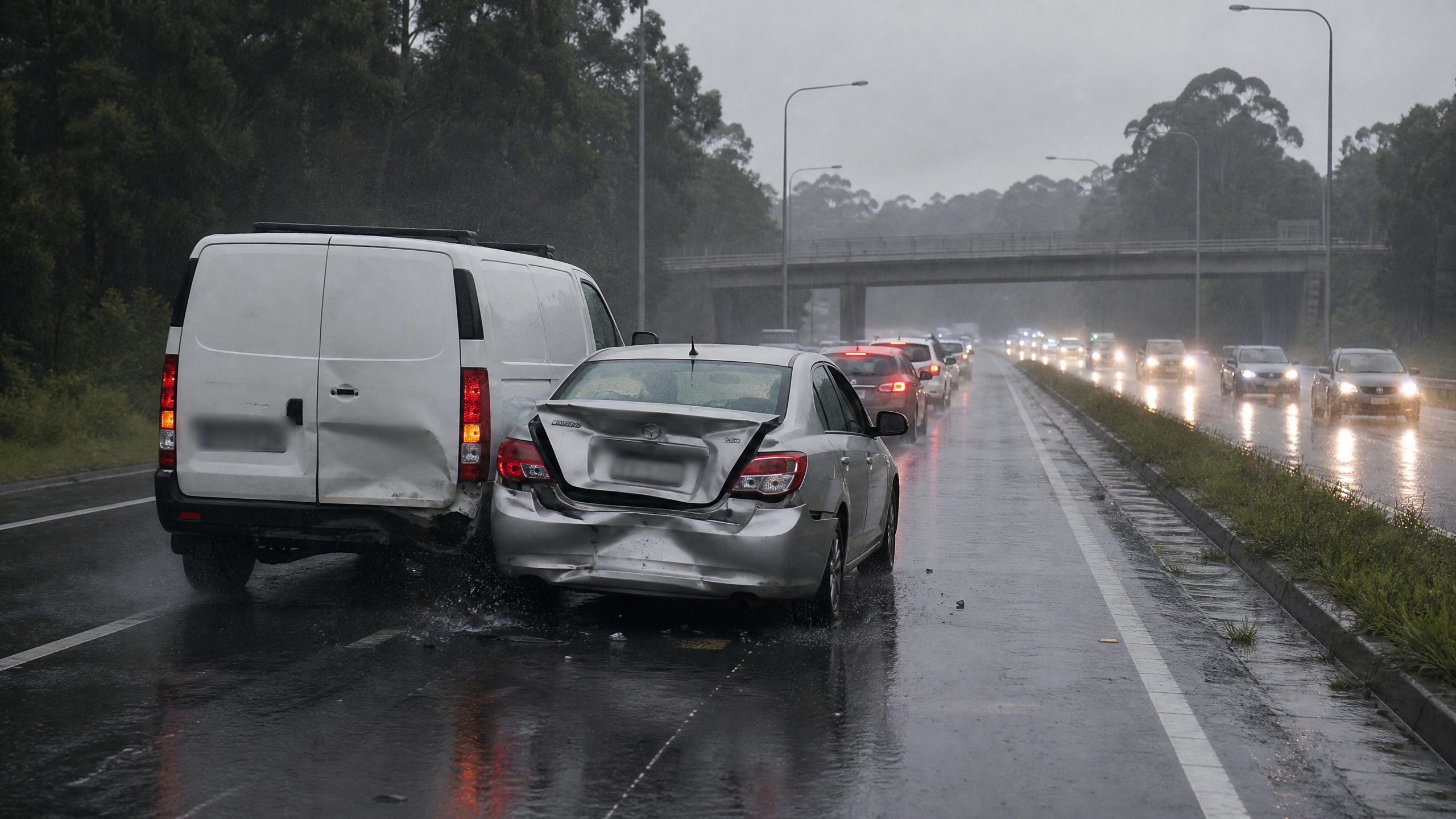 Car accident on a wet road near Parramatta, Western Sydney