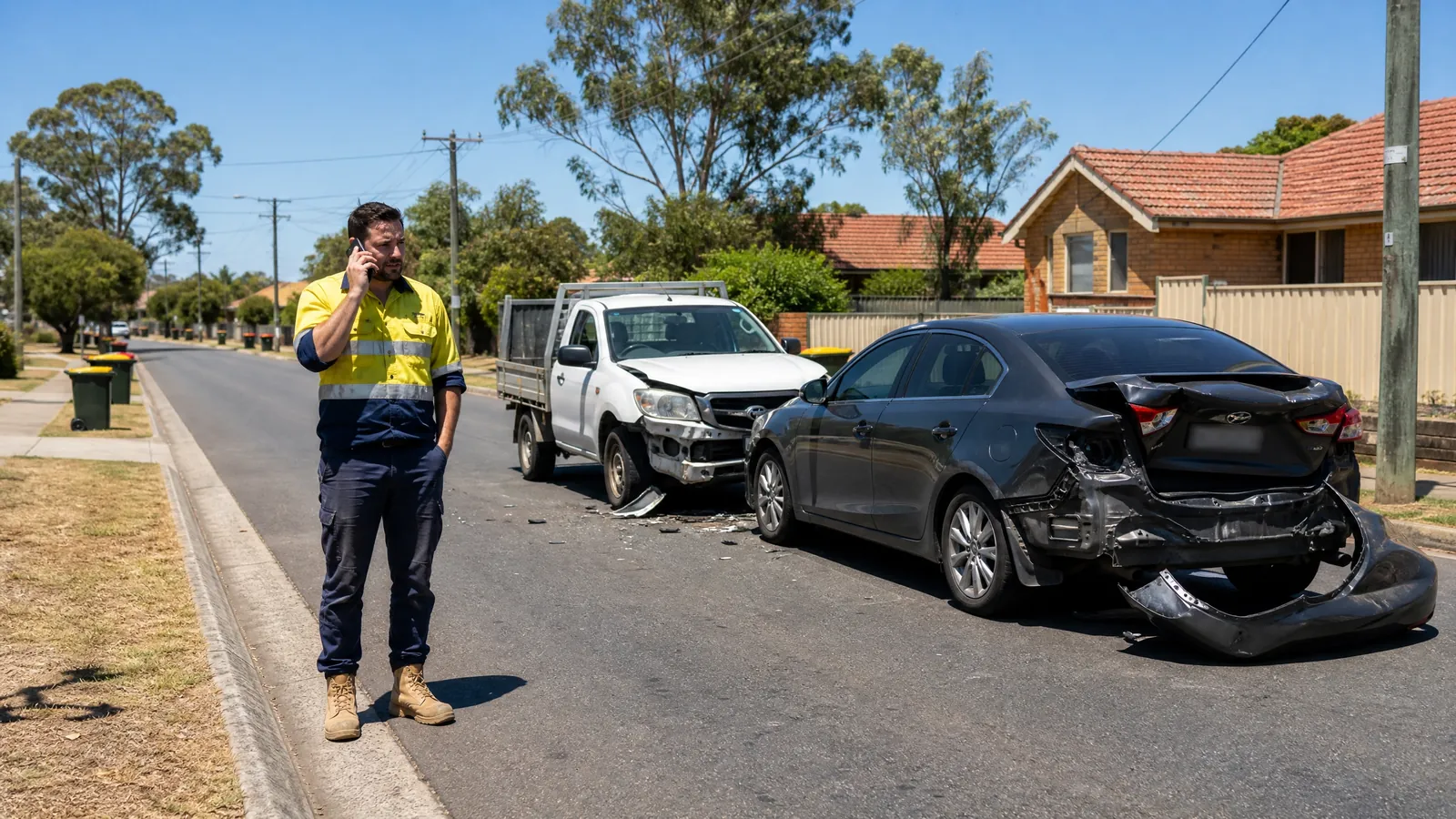 Injured driver in hi-vis standing beside a damaged vehicle after a motor vehicle accident in NSW